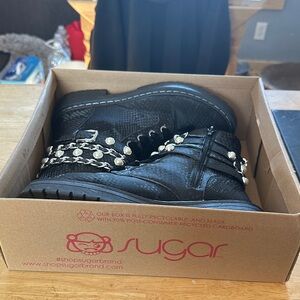 Sugar Black Boots with Silver Chain Accents